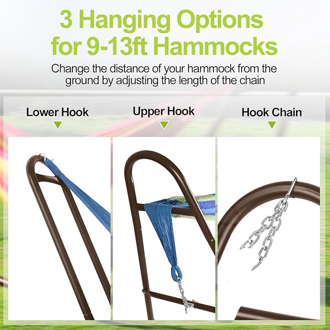 Duble Heavy Duty Steel Hammock Stand Only, 550 Pound Capacity, Portable, Easy Assembly, Adjustable for Indoor, Yard, Caping, or Outdoor, Patio(Brown)