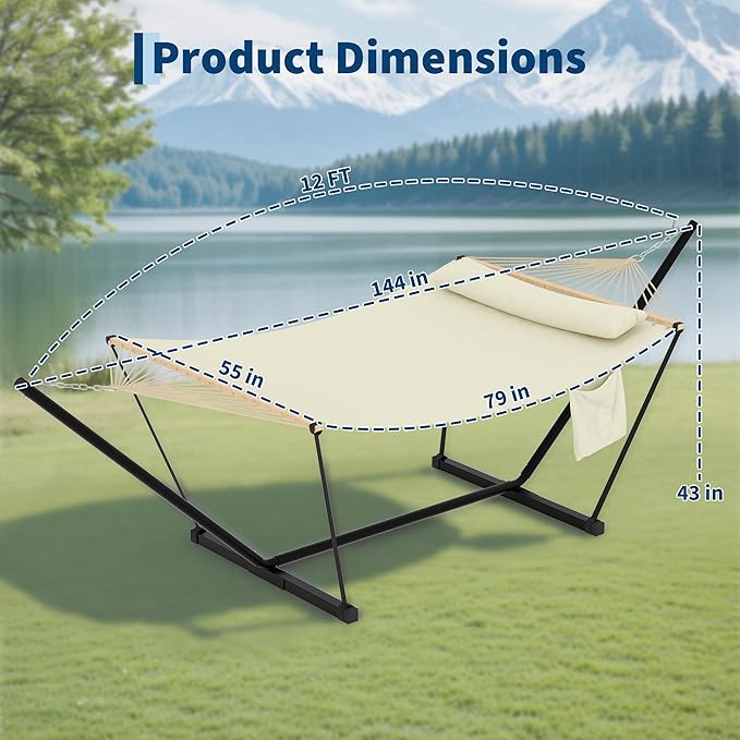Double Hammock with Stand - Heavy Duty Portable 2 Person Design with Adjustable Steel Stand, Max 450LBS, Ideal for Outdoor Patio, Garden, Beach & Backyard