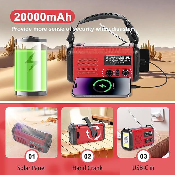 20000mAh Emergency Solar Radio with Hand Crank, NOAA Weather Radio & USB Charger - Portable Power Bank, LED Flashlight, SOS Alarm (red)