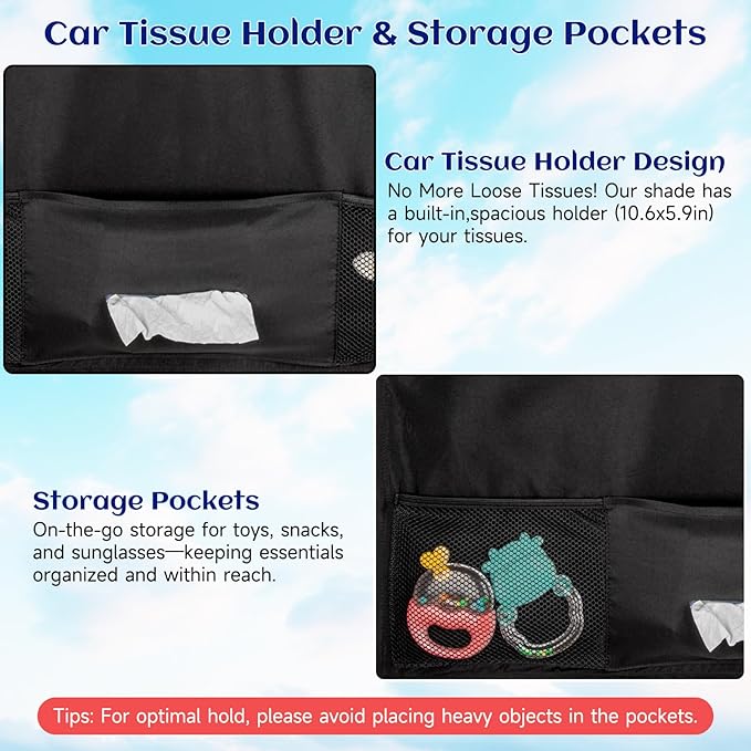 Car Window Shades, 2 Pcs 5 Suction Cups Car Sun Shade for Baby with Car Tissue Holder & Storage Net Pocket for Heat/UV Protection Sun Block Covers, Car Camping Accessories