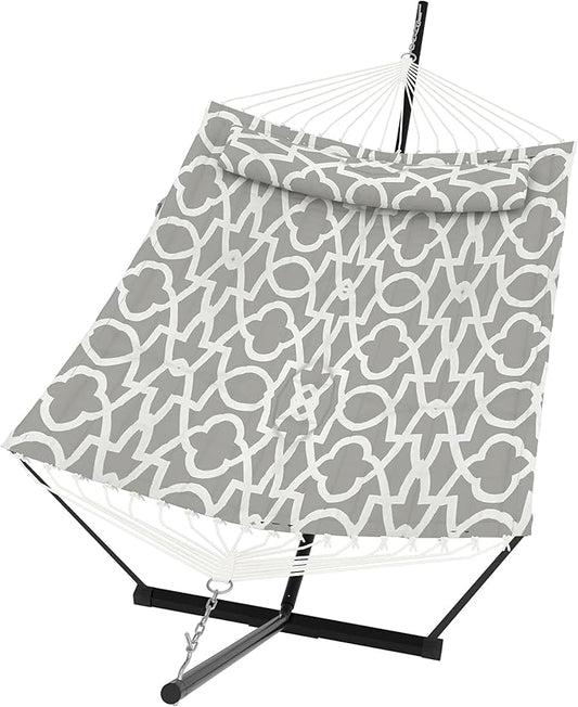 2 Person Double Hammock with Stand & Pillow, 450 LBS Heavy Duty Outdoor Hammock with Balance Rope for Patio Backyard Poolside