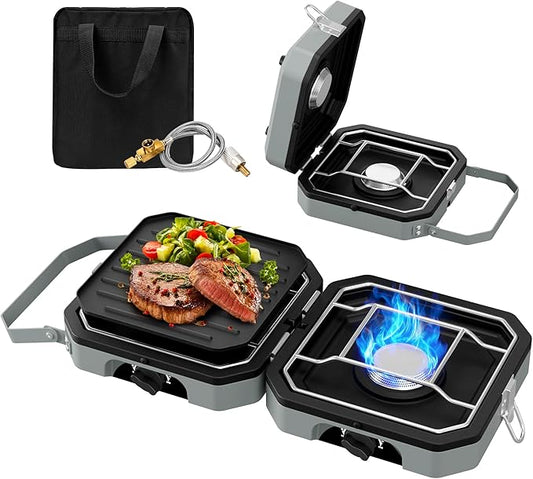 Camping Stove Portable Propane Camp Stove with Independently Adjustable Heat & 2 Burners, Foldable Gas Stove with Carry Bag for Outdoor Cooking,Tailgating & Backyard Gathering（Gray）