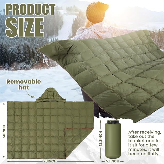 HunnmingRe Upgraded Hooded Down Camping Blanket Waterproof 650 Fill Puffy Poncho Blanket 77" x 50" Packable Wearable Sleeping Bag with Detachable Hat Outdoor Stadium Camping, 1.36 lb(Olive Green)