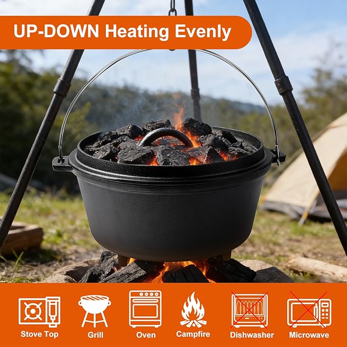 10 QT Pre-Seasoned Cast Iron Camp Dutch Oven with Lid, Large Camping Dutch Oven Pot with Tripod Stand, incl. Lid Lifter - Dual Handles - for Outdoor Campfire, Grill, Oven&Stovetop Cooking - Black