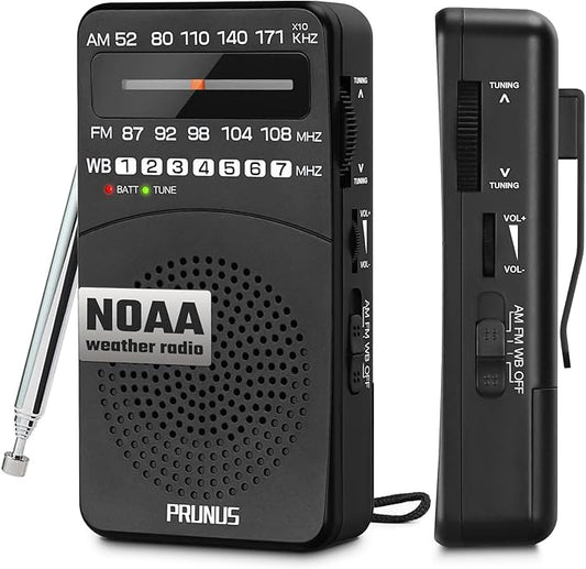 PRUNUS NOAA Weather Radio AM FM, Battery Powered Radio by AA, Transistor Radios, Earphone Jack, Portable Radio AM FM WB for Emergency, Hurricane, Floods, Snowstorms