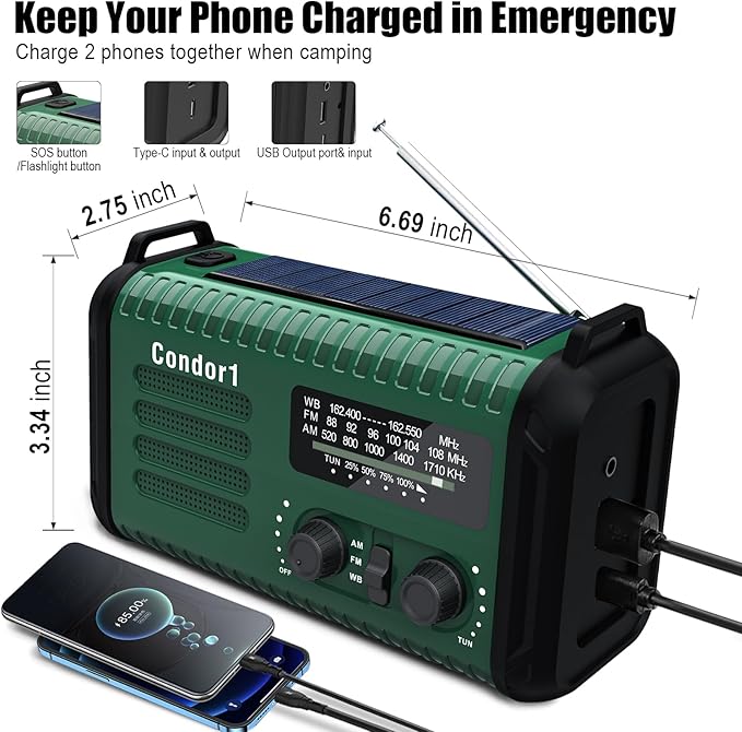 NOAA Weather Radio 20000mAh Battery Powered｜Solar Hand Crank Emergency Radio AM/FM｜USB-C Charger｜SOS Alarm｜Flashlight & Reading Lamp｜Hurricane Storm Power Outage Survival Emergencies (Green)