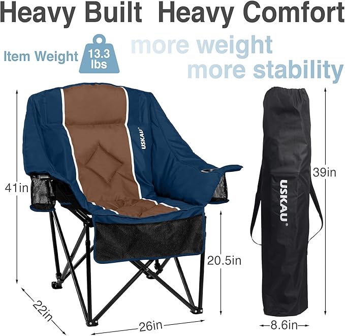 Oversized Camping Chair for Adults - Heavy Duty 400 lbs Padded Folding Chair with Wine Glass Holder, 2 Cup Holders & Side Pockets, Portable Carry Bag for RV, Tailgating, Lawn