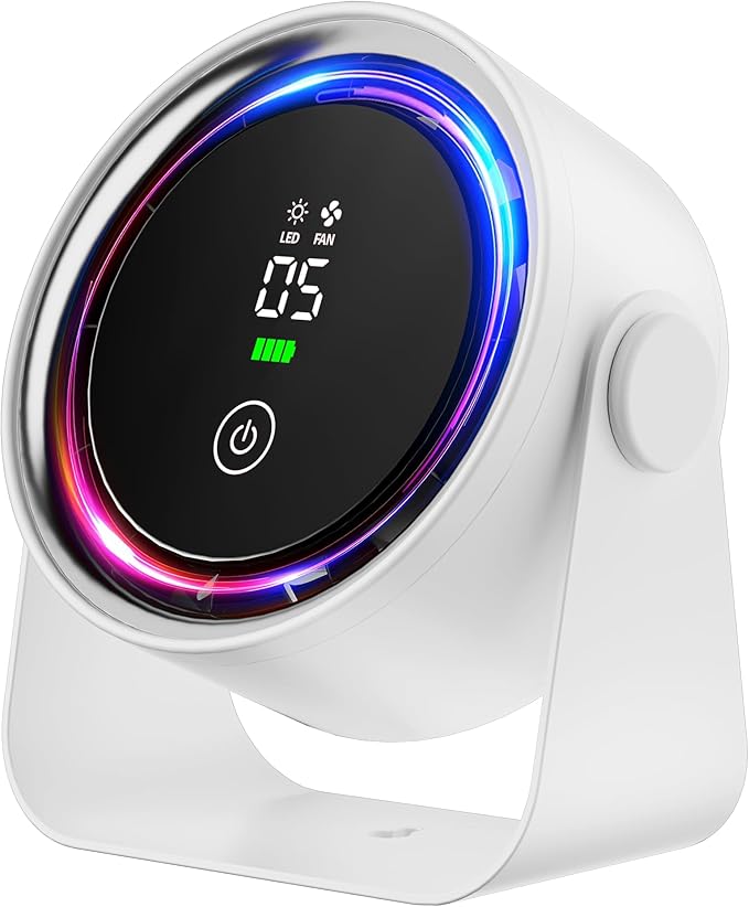 Small Desk Fan Battery Powered - White Low Noise Quiet Smart Portable Gentle Blowing without Headaches for Office Bedroom Living Room Table Top Wall Hanging Kitchen Travel Camping 5-Speed 360 Rotation