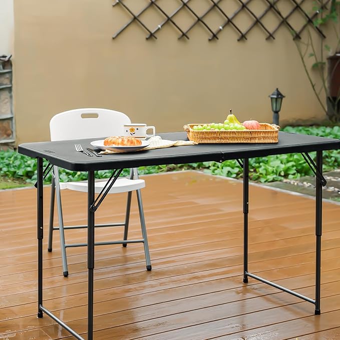 Byliable Folding Table 4 Foot Portable Heavy Duty Plastic Fold-in-Half Utility Table Small Indoor Outdoor Adjustable Height Folding with Carrying Handle, Camping and Party, Black