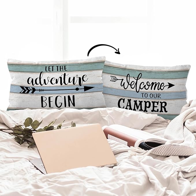 HIWX Let The Adventure Begin Welcome to Our Camper Decorative Pillowcase Throw Pillow Cover, Rustic Camper Camping Theme for Rv Sofa Bed Room Home Decor 12 x 20 Inch Reversible Pillow Case