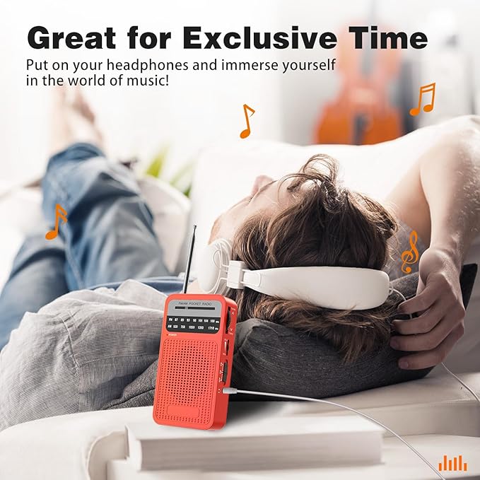 Portable Radio AM FM with Long Range Reception, Goodes Transistor Radio with Loud Speaker, 2AA Battery Operated, Headphone Jack for Indoor, Outdoor and Emergency Use-Red