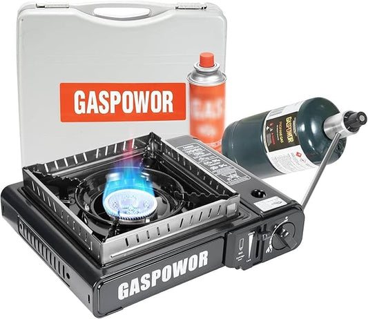 Propane or Butane Stove Dual Fuel Stove Portable Camping Stove, 10,000 BTU Butane Propane Stove with Carrying Case&Windblocker, Automatic Ignition for Emergency Preparedness Kit (Fuel Not Included)