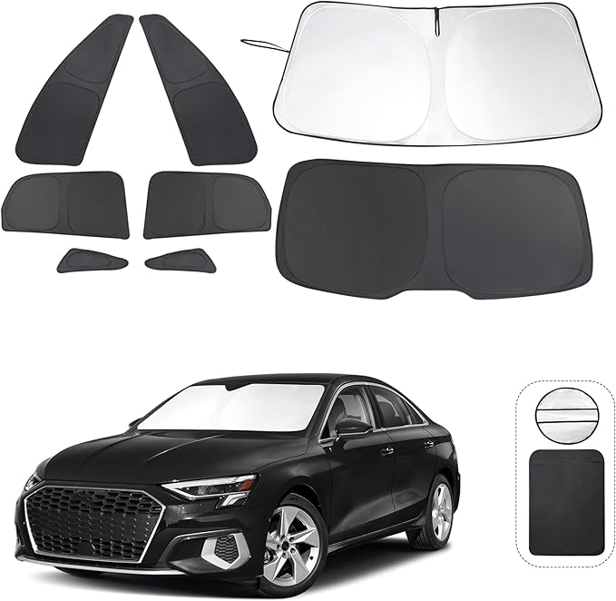 8PCS Windshield Sun Shade Custom Fit for 2021-2024 Audi A3 Accessories Foldable Sunshade Side Rear Window Shade Cover Full Set Privacy Protection Keeps Car Cool