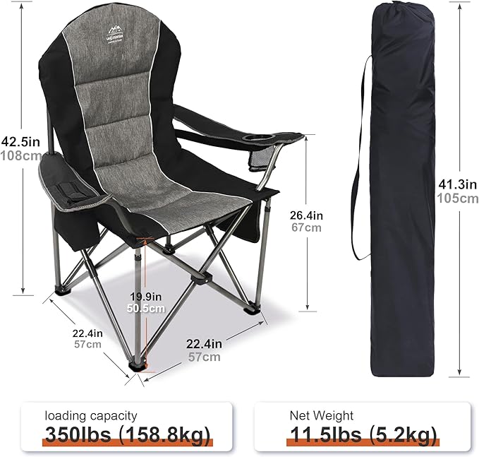 Camping Chairs for Adults,High Back Folding Camp Chair with Cup Holder and Cooler Bag,Heavy Duty Outdoor Lawn Chairs,Perfect for Camping,Hiking,Picnics,and Beach Trips,Black