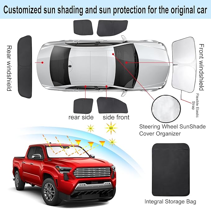 6PCS Windshield Sun Shade Custom Fit for 2024 2025 2026 Toyota Tacoma Accessories Foldable Sunshade Side Rear Window Shade Cover Full Set Privacy Protection Keeps Car Cool