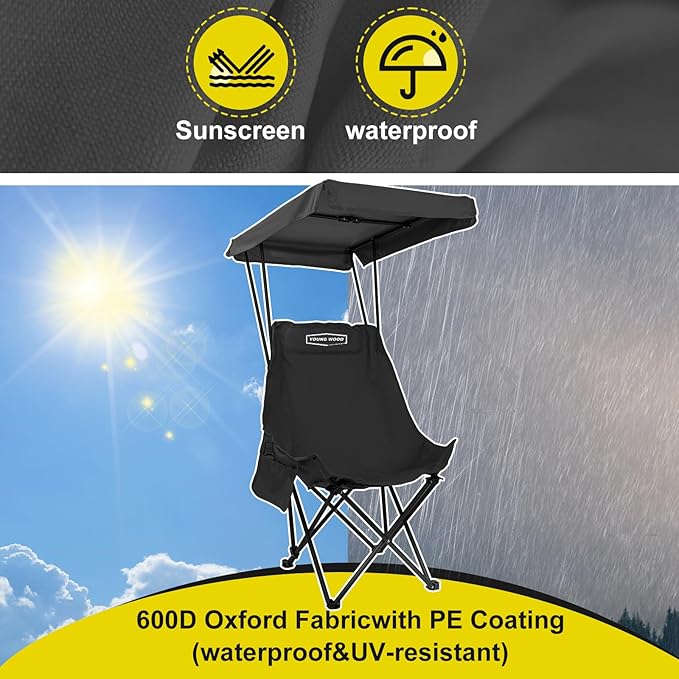 YOUNG WOOD Camping Chair with Shade Canopy, Beach Chair, Portable Fold Lightweight Oversized for All, Easy to Open and Close Without Installation, Side Pocket Design for All Outdoor Activities