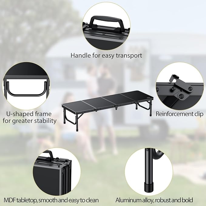 Anbte 4ft Low Folding Picnic Table, Thicker Aluminum Small Camping Table with Storage Bag, Portable Handle, Lightweight, for Camping Beach Party Picnic Floor, 45.67" x 15.7" x 10.3", Black