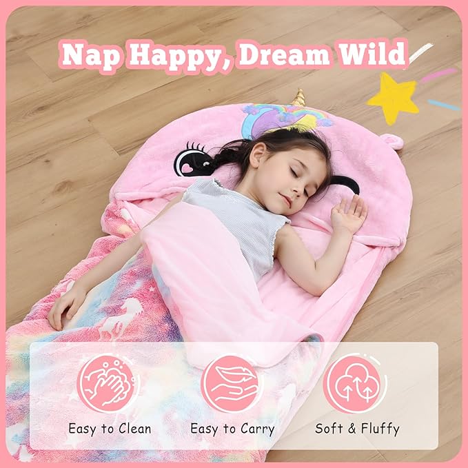 Kids Sleeping Bag, Plush Toddler Slumber Bag 2-in-1 Pillow, Soft Sleeping Bag, Nap Mats for Preschool,Daycare,Travel,Gift, Ages 3-12