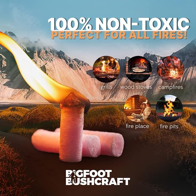 Bigfoot Bushcraft Complete Mini Fire Starting Kit - Waterpoof, Windproof, 5+ Minute Burn - Includes 16 Fire Plugs, Hinged Travel Tin, and Mini Ferro Rod Set