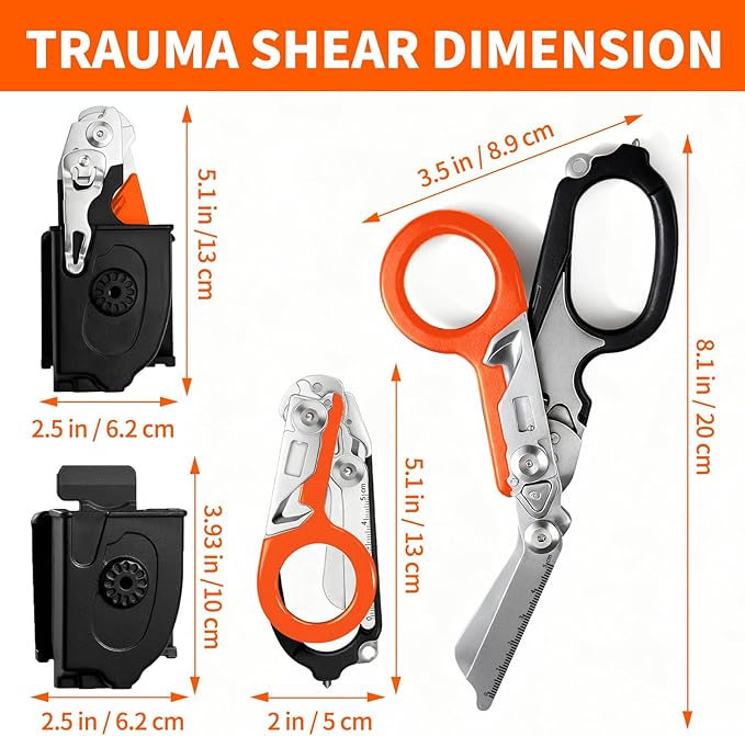 Folding Trauma Shears for EMT Accessories, 6 in 1 Multi-function Medical Shears with Holster for Outdoor Camping, Emergency Rescue, First Responders (Black-Orange)