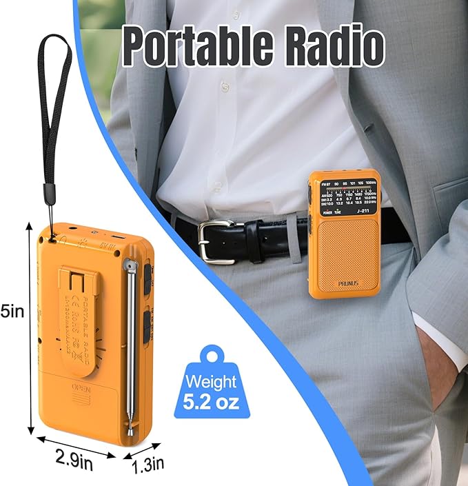 PRUNUS J-211 Portable Radio AM FM with USB Charging and AA Battery Operated, Transistor Radio, Strong Reception& Clear Speaker, Headphone Jack, Back Clip, Lanyard, Small radios Portable AM FM