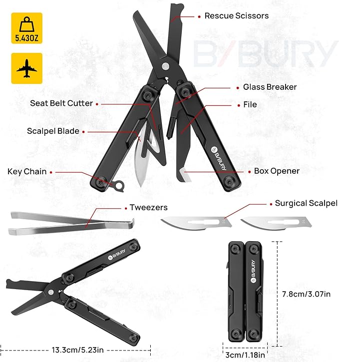 BIBURY Mini Multitool BI2052AB, EDC Multitool Scissors w/Window Breaker, Seat Belt Cutter, Bottle Opener for Outdoor Survival, TSA Approved Keychain Multi-tool Cool Gadget, Gift for Men Women
