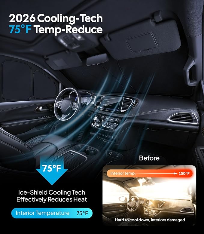 Wigoo 2026 Upgrade 8PCS Full Set Window Sunshade for Chrysler Pacifica 2017-2026 [7-Layer Cooler & Blacker, Ice-Crystal Tech] with Windshield for Sun Block, Baby, Camping, Privacy Napping, Relax