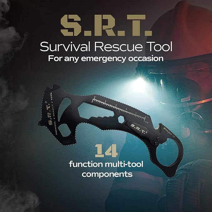 S.R.T. Survival Rescue Tool - 14 Function Premium Rescue Multitool for Everyday Carry Personal Protection Applications - Automobile Rescue Tool with Seat Belt Cutter and Window Breaker - TSA Compliant