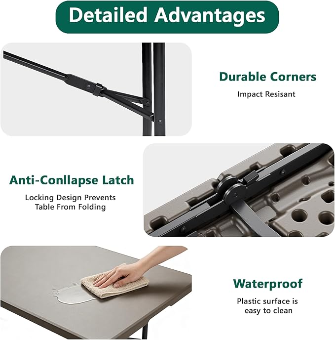 Folding Table 72" x 30" - Heavy Duty Plastic Table with Handle, Foldable&Portable, Fold-in-Half Utility Tables for Outdoor, Dining, Wedding, Events, Indoor, Picnic, Camping, Party, Khaki