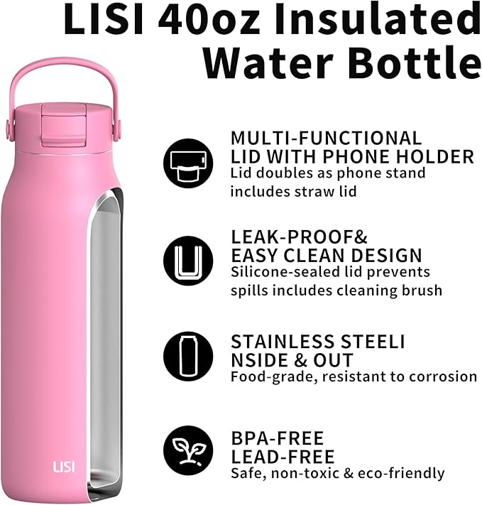 LISI 40oz Insulated Water Bottle, Double Wall Stainless Steel Water Bottles with Straw, 100% Leak-Proof Travel Thermal Canteen Mug with 2 Lids (Straw, Phone Holder Lid)