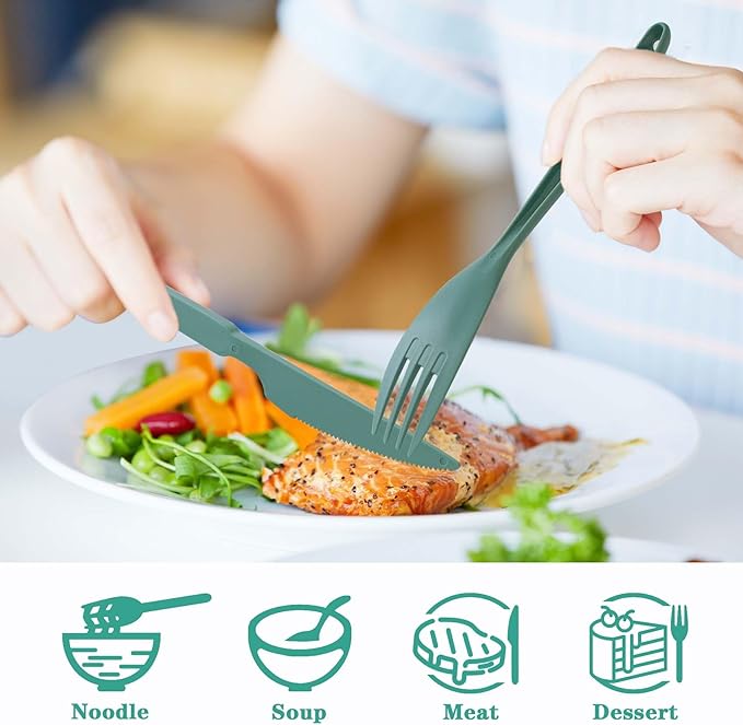 Large Reusable Travel Utensils Set with Case, Plastic Set for Adults Travel Picnic Camping, Portable Flatware Cutlery Set with Chopsticks for Daily Use(Dark Green)