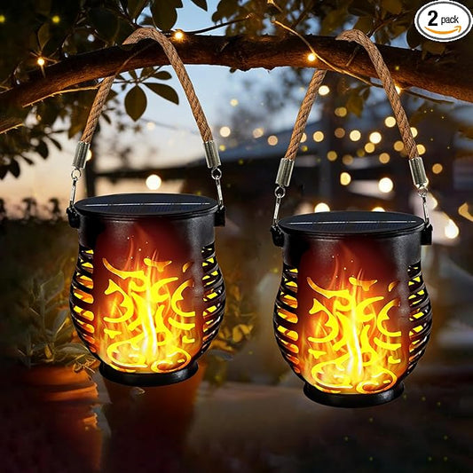 2 Pack Solar Lights Outdoor Waterproof, Solar Lantern with Realistic Flickering Flame, Auto On/Off Solar Powered Garden Light with Hemp Rope Handle for Outside Camp Tree Patio Porch Tabletop Decor