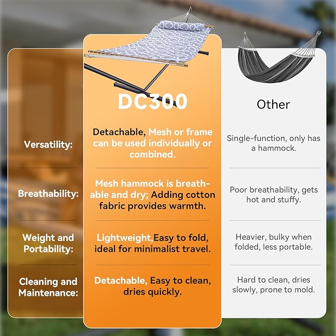 Everyfun 2 Person Outdoor Hammock with Stand, Cotton Rope Hammock with Polyester Pad, Adjustable Steel Frame, Portable with Carrying Bag – for Patio, Backyard, Garden, Beach, Cloud-Gray