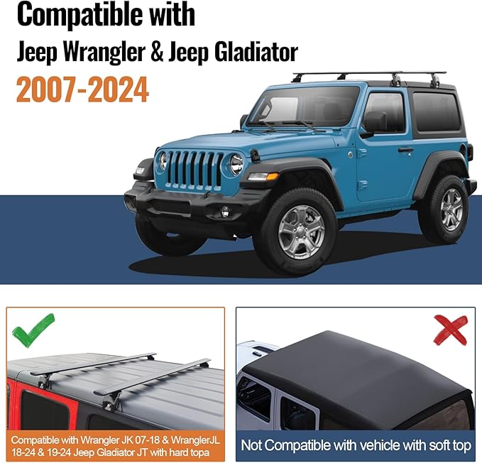 Wonderdriver Heavy Duty 330lb Roof Rack Cross Bars Compatible with Jeep Wrangler JK JL Gladiator JT 2007-2026, 2 & 4 Door Aluminum Crossbars Rooftop Cargo Bag Kayak Bike Carrier