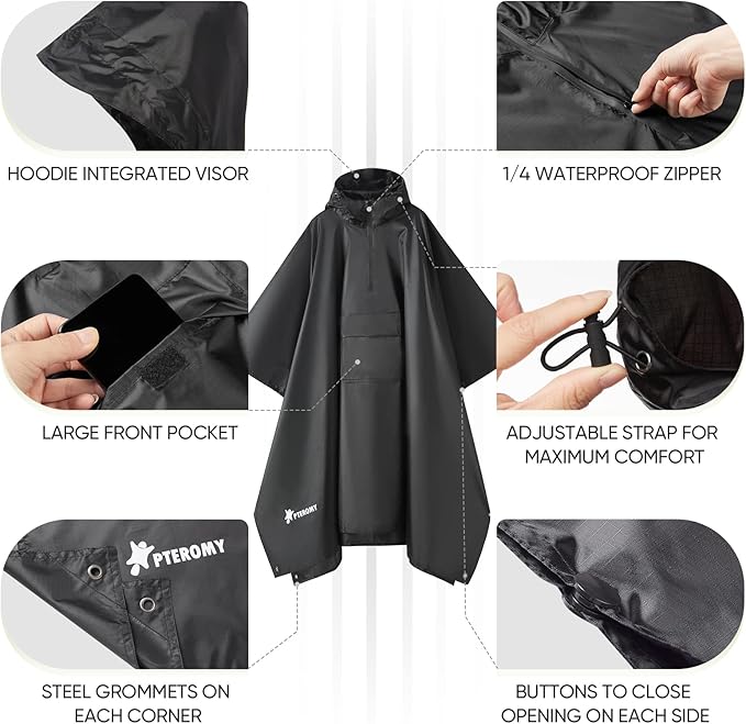 PTEROMY 3-in-1 Hooded Rain Poncho for Adult with Pocket, Waterproof Lightweight Unisex Raincoat for Hiking Camping Emergency