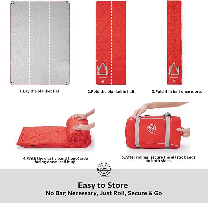 STOVER Large Waterproof Outdoor Stadium Blanket- Extra Thick Soft Fleece Camping Blanket for Travel, Picnics, Sports, Dogs 79"x55", Warm, Windproof, Sand-Proof, Lightweight, Packable (Sunset Red)
