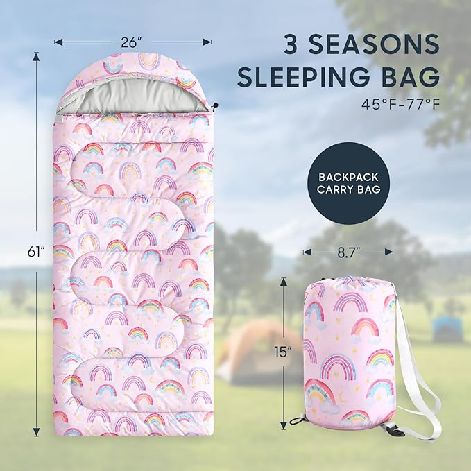 Wake In Cloud - Kids Sleeping Bag for Girls Toddlers, Camping in Warm Cold Weather, Backpacking Lightweight Compact Outdoor Liner for 3 Seasons, Rainbow Clouds