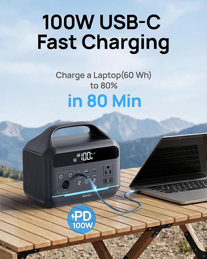 DARAN Portable Power Station 600W with 80W Solar Panel, 288Wh(90,000mAh) LiFePO4 Solar Generator, Dual AC Outlets, 100W USB-C PD, Fast Recharge for Camping, RV, Power Outage, Emergency Backup