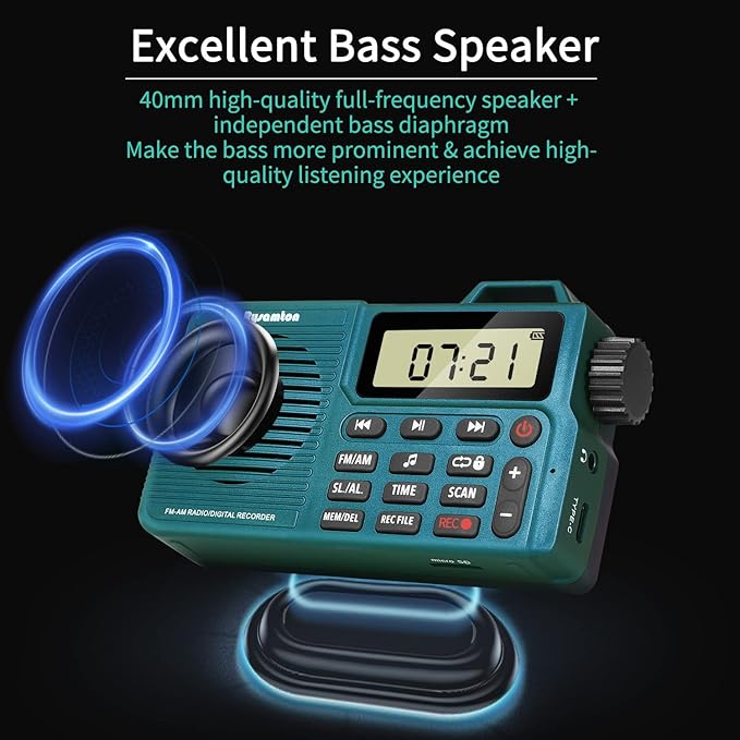 Portable AM/FM Radio, Digital Radio Recorder, Bluetooth 5.0, Alarm and Sleep Function, 12/24H Time Display with Large Digital Display