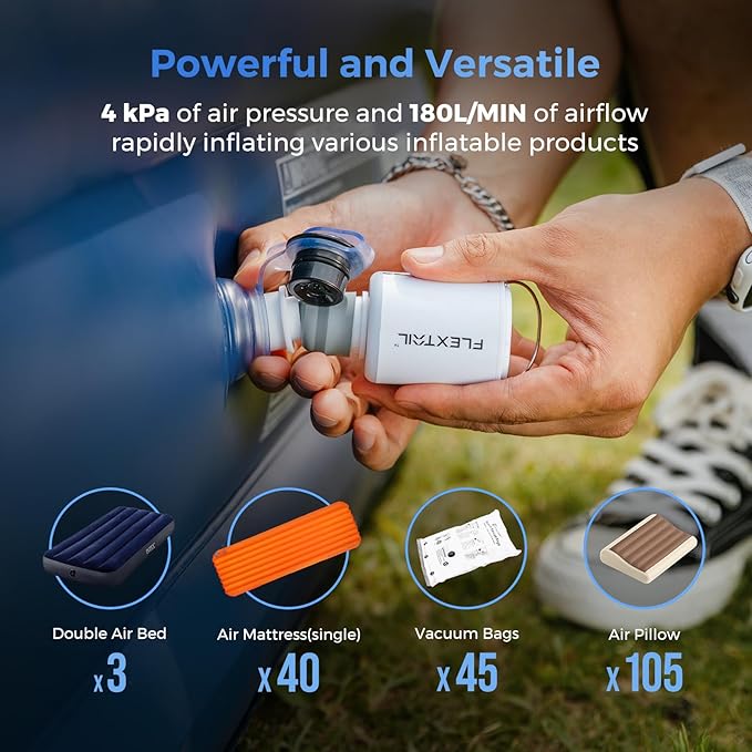 FLEXTAILGEAR Portable Air Pump with Camping Lantern Tiny Pump 2X 4kPa Air Pump for Inflatables Rechargeable Air Mattress Pump with Magnetic Design for Sleeping Pads, Pool Floats, Swimming Rings(White)