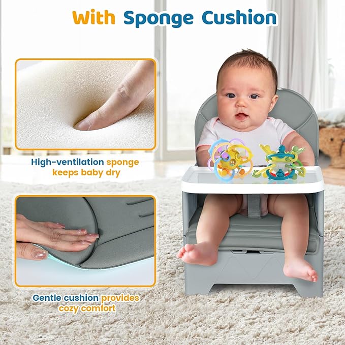 Orzbow Foldable Booster Seat with Soft Cushion, Travel High Chair for Toddlers 6-36 Months, Baby Chair for Dining Table, Camping, Beach, Portable Highchair, Up to 33 lbs Toddler, Grey