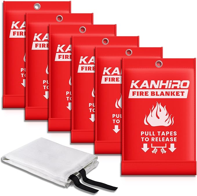 kanhiro Fire Blanket Emergency for Home Kitchen - Fiberglass Fire Suppression Blanket Great for School, Fireplace, Grill, Car, Office, Warehouse (6 Pack, 39 in X 39 in)