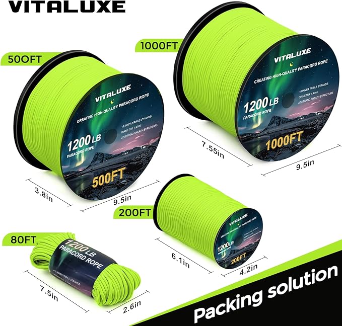 1200lb Paracord Rope, 4.4mm 15 Triple Strands Paracord, Heavy Duty Tactical Parachute Cord for Survival Gear, Camping, Hiking, and Ideal for Bracelets, Lanyards, Type III