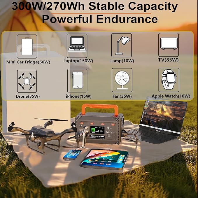 300W Portable Power Station,270Wh Camping Lithum Battery Solar Generator with 2 AC Output, USB-C PD 45W, Quick Charge Battery Pack for Home Use Camping Travel Emergency Hunting