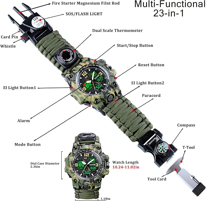 Mens Tactical Military Digital Watch, 23-in-1 Survival Multi-Functional Army Outdoors Waterproof Camouflage Sports Watches Dual Display Analog LED Electronic Wristwatches with Compass Paracord Band