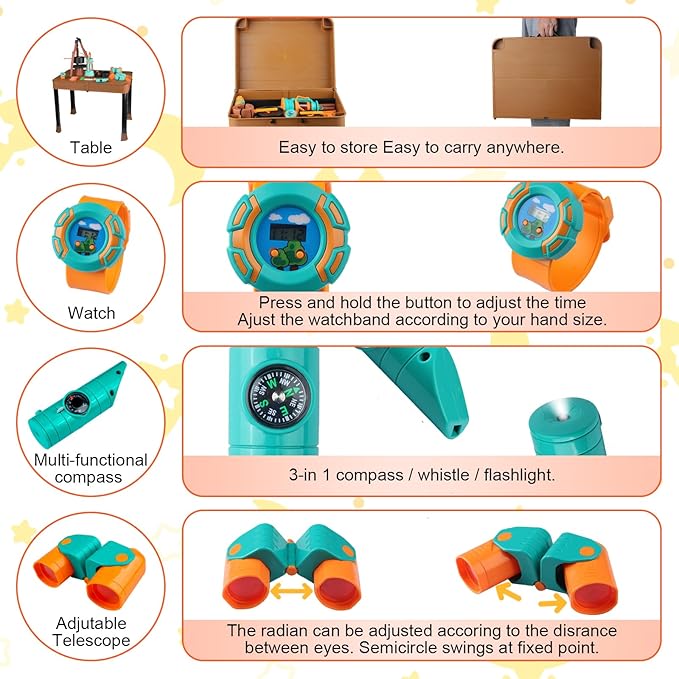 Qtioucp Kids Camping Set 50pcs with Folding Storage Table/Tent & Children’s Projector Flashlight- Outdoor Campfire Toy Set for Toddlers Kids - Pretend Play Camp Gear Tools for Birthday Christmas