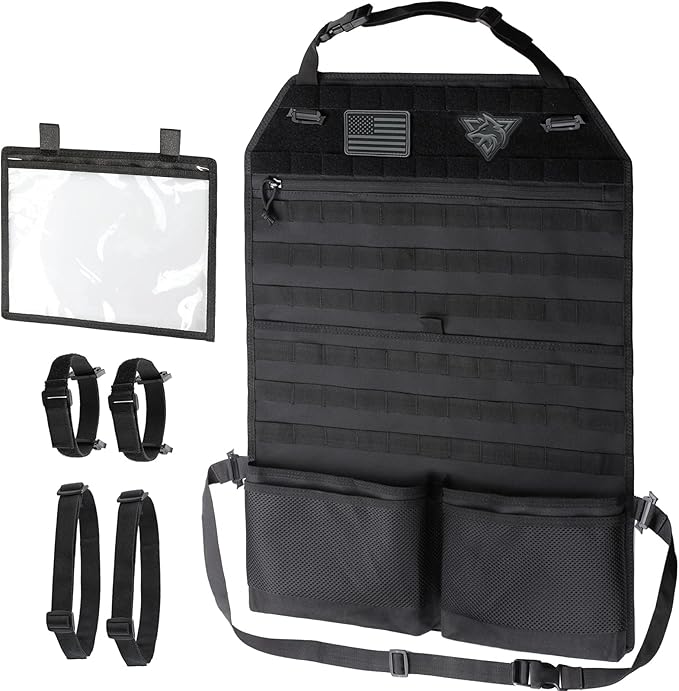 WYNEX Car Seat Organizer, Molle Backseat Cover Organizer Protector with Sling Rack, Visual Pocket and Patch, Universal Vehicle Fits for F150, Jeeps, Pickups & Trucks for Road Trips