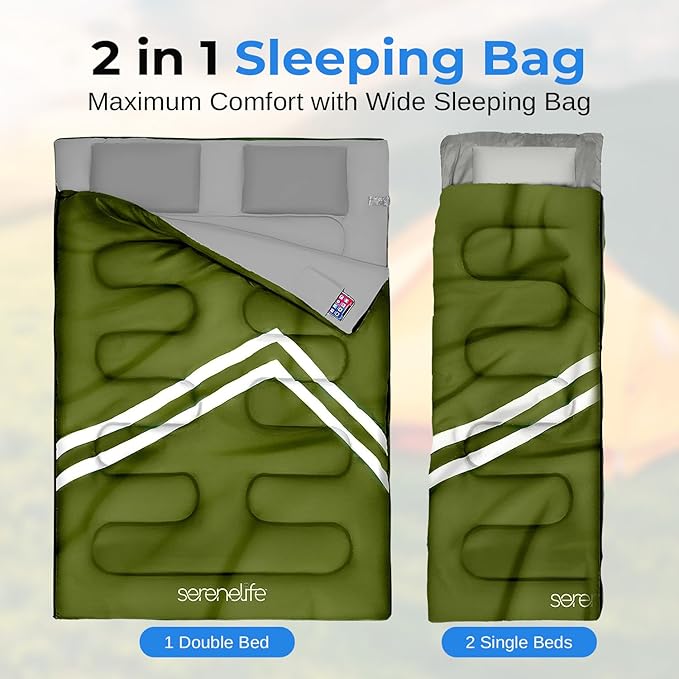 SereneLife Double Sleeping Bag with Pillows, Waterproof & Detachable for 2 Single Bags, Lightweight & Warm, Perfect for Camping, Hiking, Backpacking, and Cold Weather, Suitable for Temperatures 5-10°F
