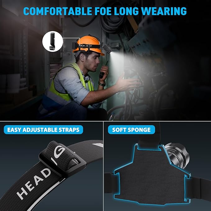 Sinvimes 99000 High Lux LED Rechargeable Headlamp, 95H Long Battery Life Head Lamp with 5 Modes & IPX7 Waterproof & Zoomable, 120° Adjustable Head Light for Adults, Outdoor, Camping, Hardhat