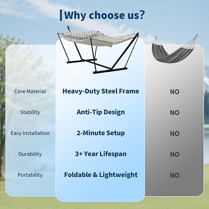 2 Person Double Hammock with Adjustable Steel Stand & Pillow, Heavy Duty Portable Outdoor Hammock Set, MAX 450 LBS Weight Capacity for Patio, Garden, Beach, Backyard